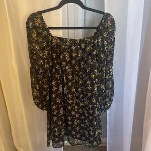 EXLURA Womens Square Neck Black Floral Long Puff Sleeve A-Line Short Mini Dress